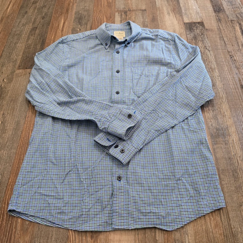 L.L.Bean Button Down Shirt Mens M Blue Green Houndstooth Slightly Fitted 508103